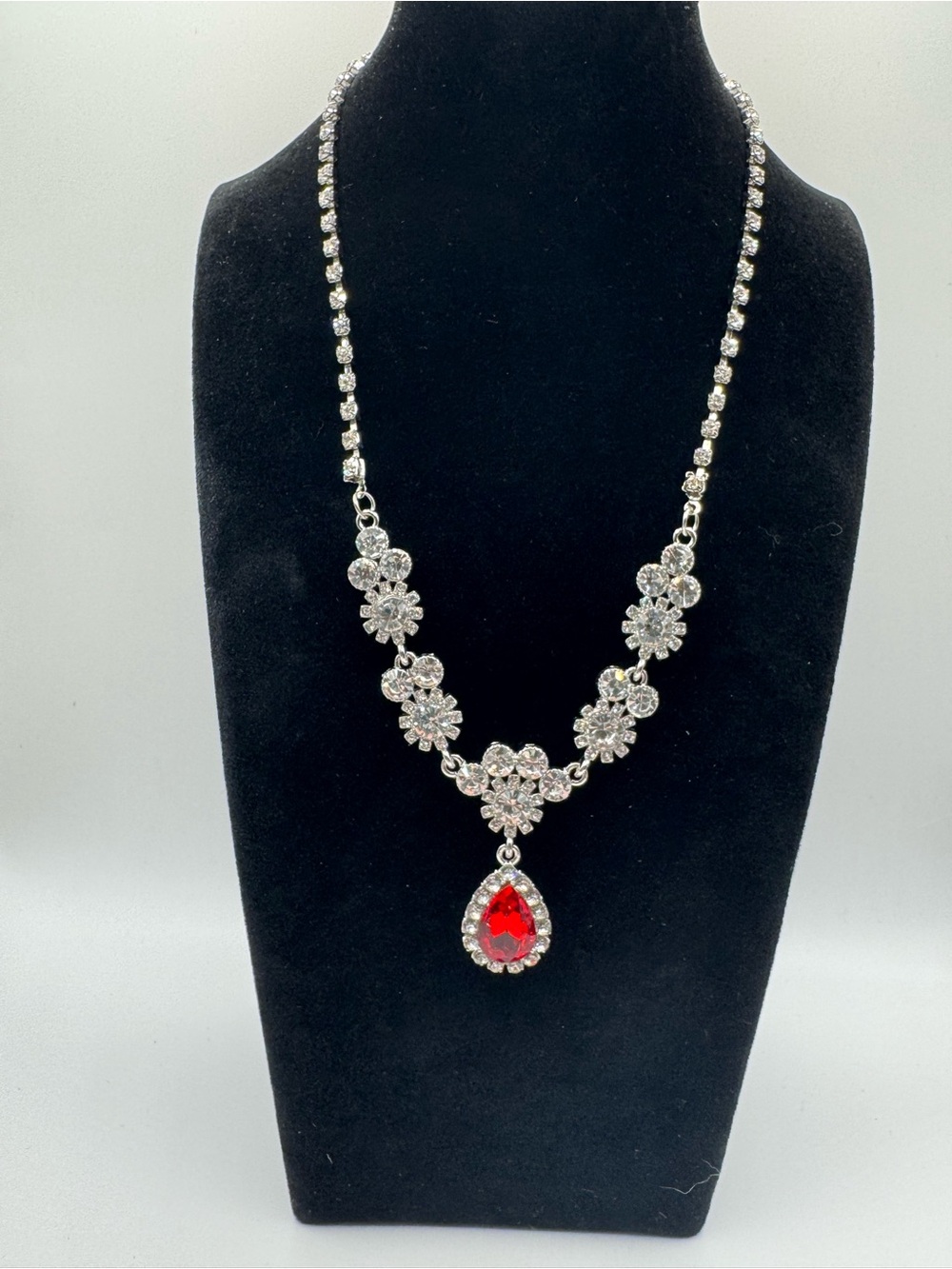 Silver Rhinestone Necklace with Red Teardrop Pendant